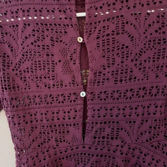 Free People Beach Women Purple A Line Dress S Short Sleeve Lace Floral Mock Neck - Picture 11 of 12